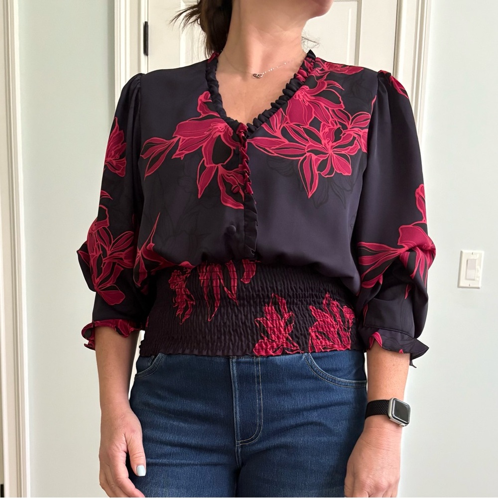 MISA Floral Navy and Pink Women's Blouse